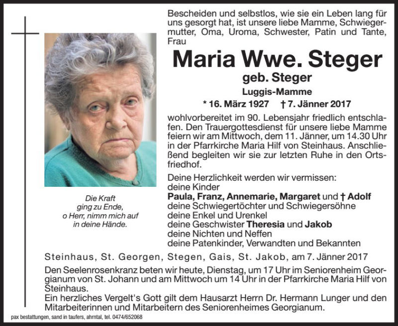  Traueranzeige für Maria Steger vom 10.01.2017 aus Dolomiten