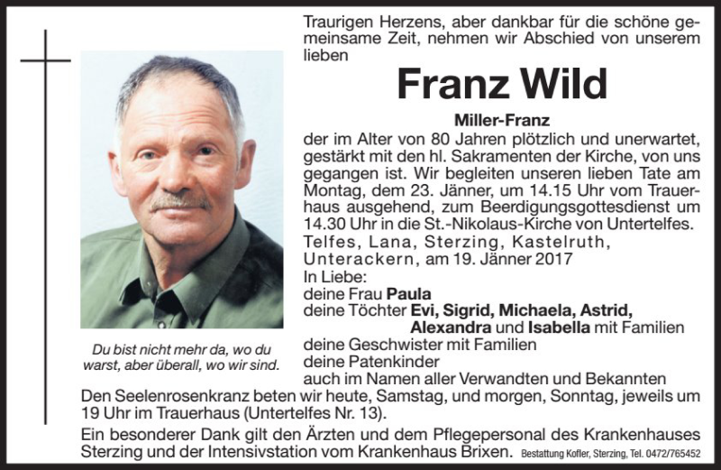  Traueranzeige für Franz Wild vom 21.01.2017 aus Dolomiten