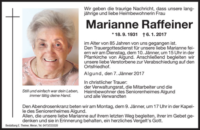  Traueranzeige für Marianne Raffeiner vom 09.01.2017 aus Dolomiten