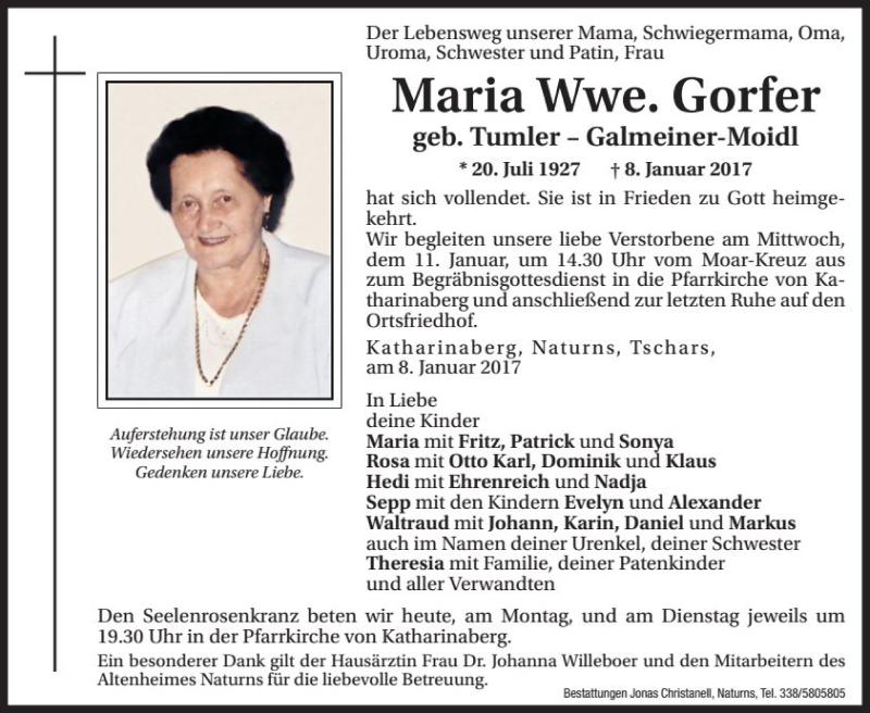  Traueranzeige für Maria Gorfer vom 09.01.2017 aus Dolomiten