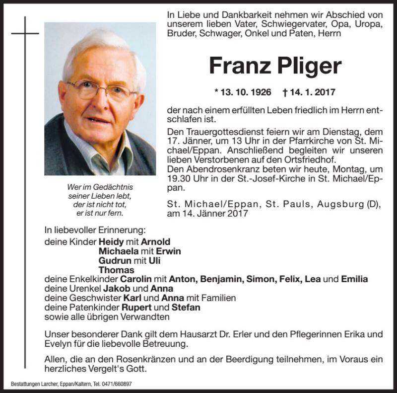  Traueranzeige für Franz Pliger vom 16.01.2017 aus Dolomiten