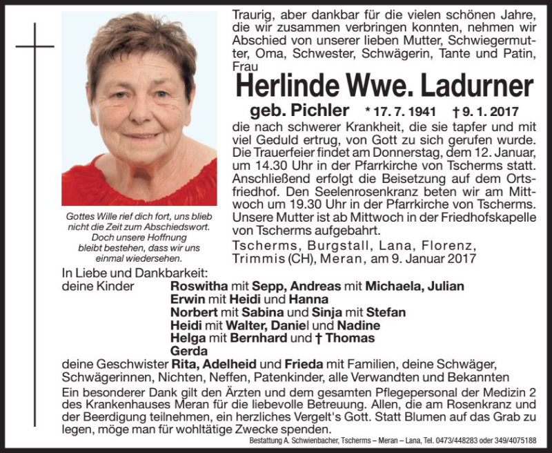  Traueranzeige für Herlinde Ladurner vom 10.01.2017 aus Dolomiten