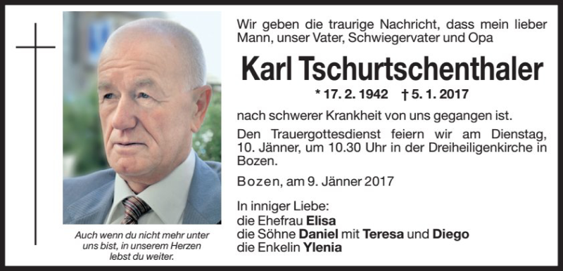  Traueranzeige für Karl Tschurtschenthaler vom 09.01.2017 aus Dolomiten