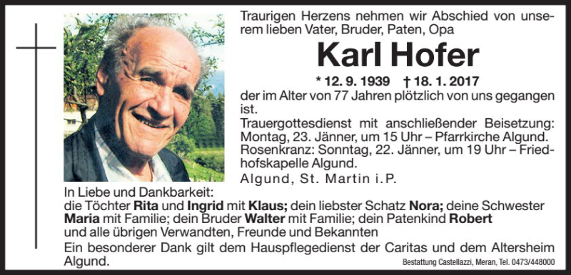  Traueranzeige für Karl Hofer vom 21.01.2017 aus Dolomiten