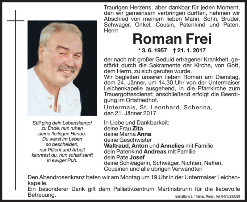  Traueranzeige für Roman Frei vom 23.01.2017 aus Dolomiten