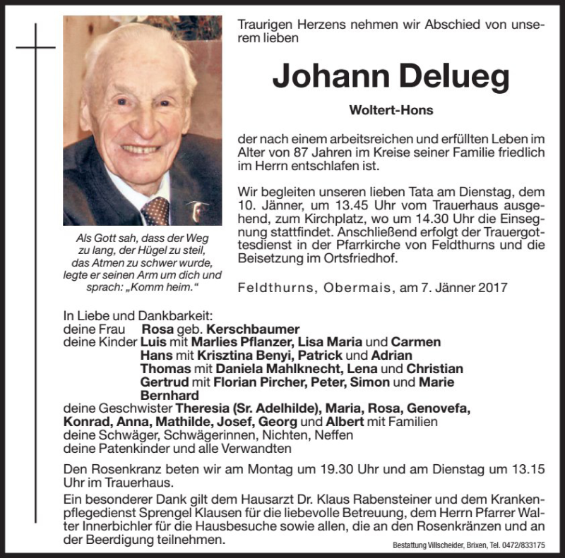  Traueranzeige für Johann Delueg vom 09.01.2017 aus Dolomiten