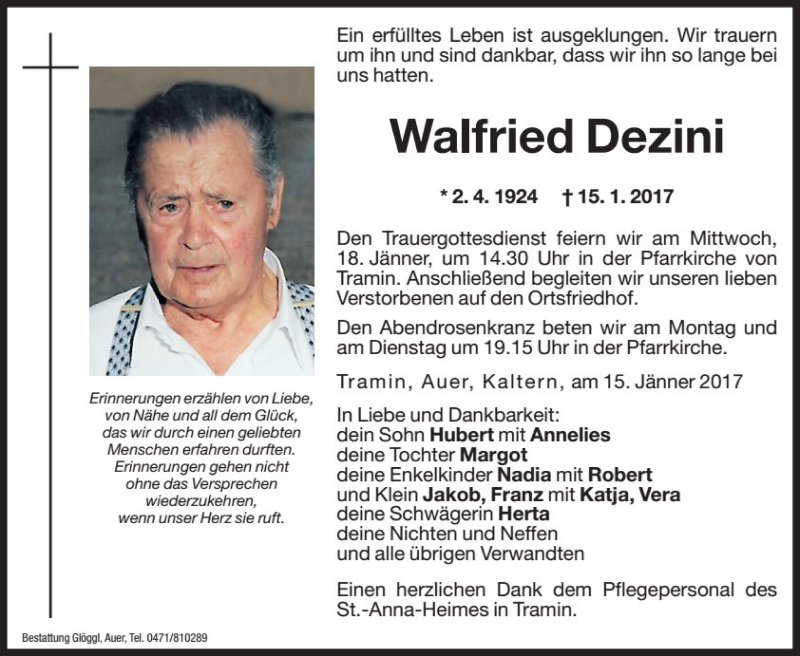  Traueranzeige für Walfried Dezini vom 16.01.2017 aus Dolomiten