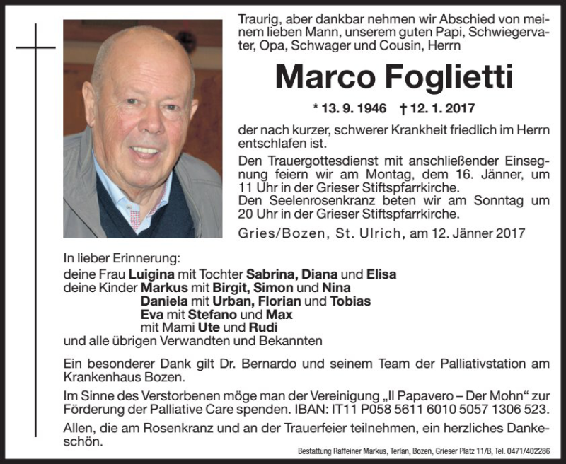  Traueranzeige für Marco Foglietti vom 14.01.2017 aus Dolomiten