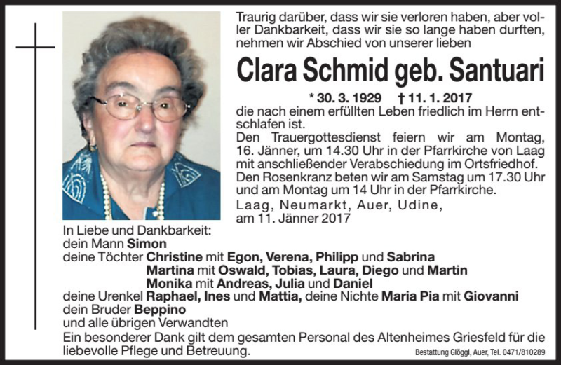  Traueranzeige für Clara Schmid vom 13.01.2017 aus Dolomiten