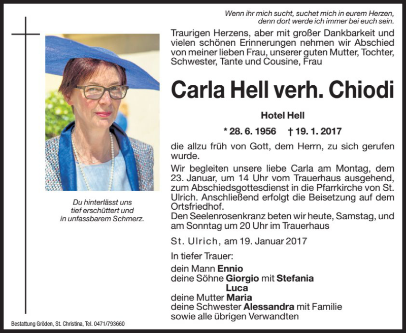  Traueranzeige für Carla Chiodi vom 21.01.2017 aus Dolomiten