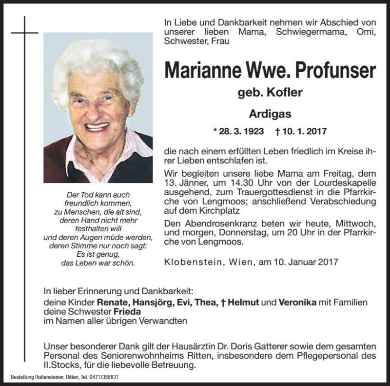  Traueranzeige für Marianne Profunser vom 11.01.2017 aus Dolomiten