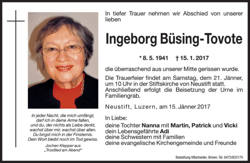  Traueranzeige für Ingeborg Büsing-Tovote vom 18.01.2017 aus Dolomiten