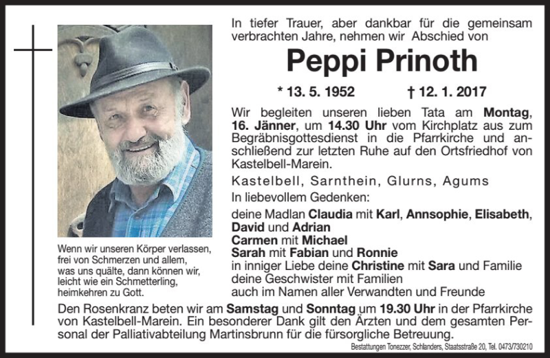  Traueranzeige für Peppi Prinoth vom 14.01.2017 aus Dolomiten