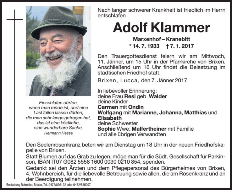  Traueranzeige für Adolf Klammer vom 09.01.2017 aus Dolomiten