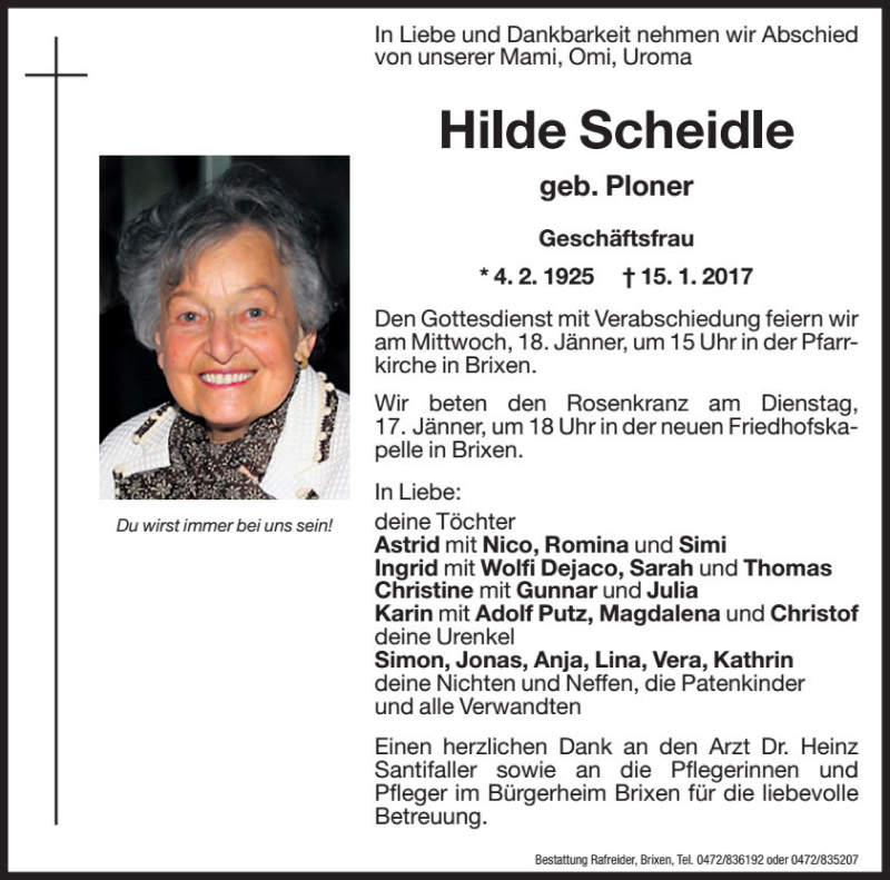  Traueranzeige für Hilde Scheidle vom 16.01.2017 aus Dolomiten