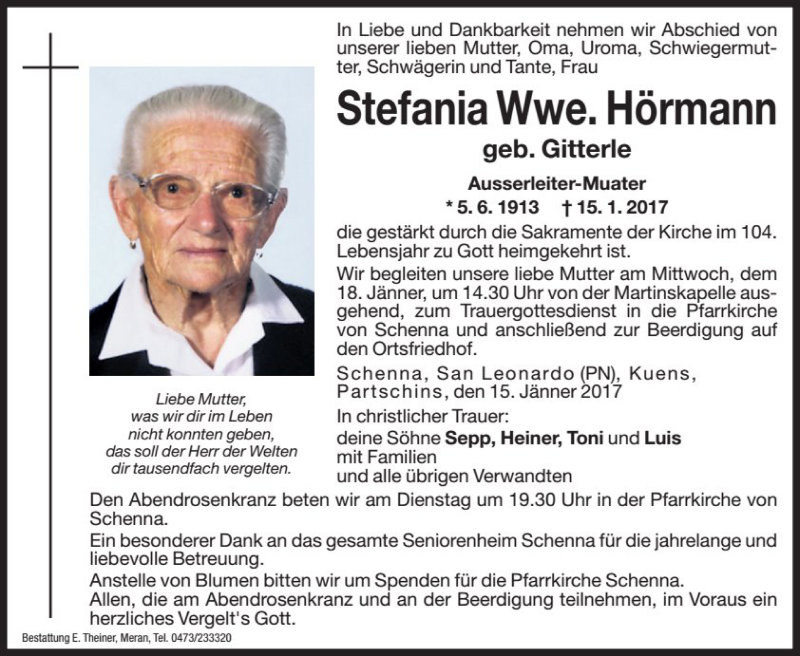  Traueranzeige für Stefania Hörmann vom 17.01.2017 aus Dolomiten