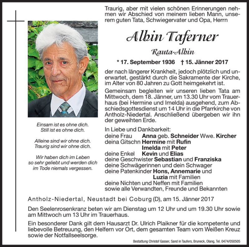  Traueranzeige für Albin Taferner vom 17.01.2017 aus Dolomiten