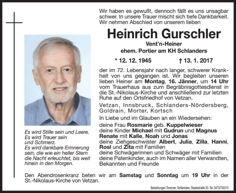  Traueranzeige für Heinrich Gurschler vom 14.01.2017 aus Dolomiten
