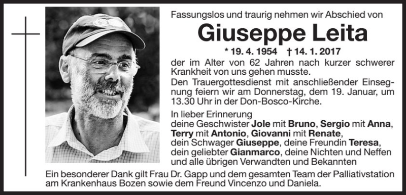  Traueranzeige für Giuseppe Leita vom 18.01.2017 aus Dolomiten