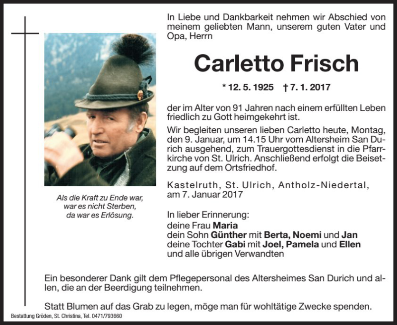  Traueranzeige für Carletto Frisch vom 09.01.2017 aus Dolomiten