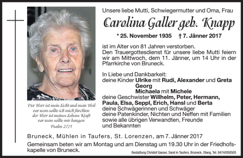  Traueranzeige für Carolina Galler vom 09.01.2017 aus Dolomiten