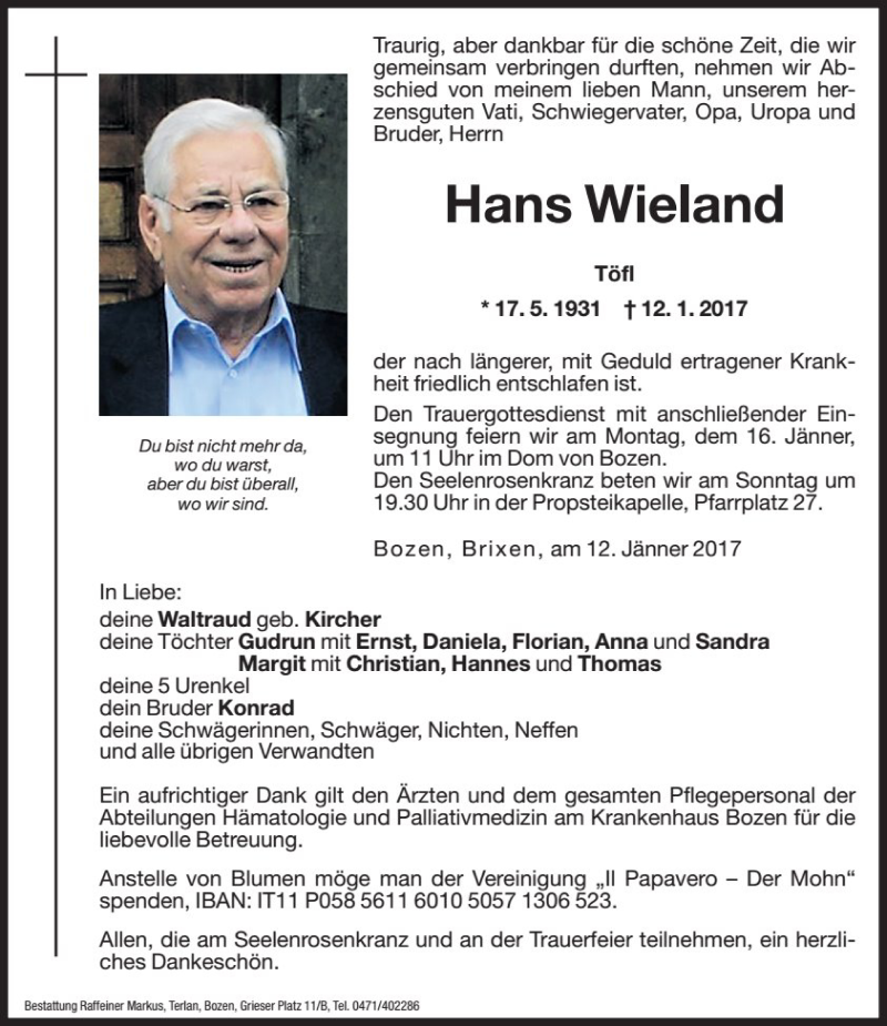  Traueranzeige für Hans Wieland vom 13.01.2017 aus Dolomiten