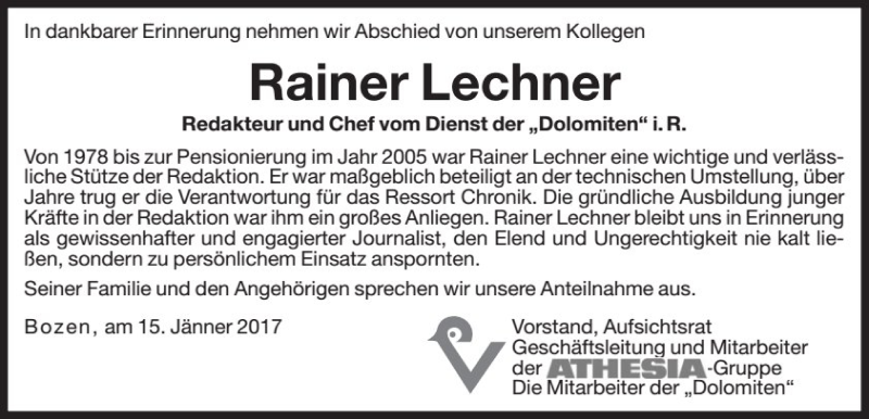  Traueranzeige für Rainer Lechner vom 16.01.2017 aus Dolomiten