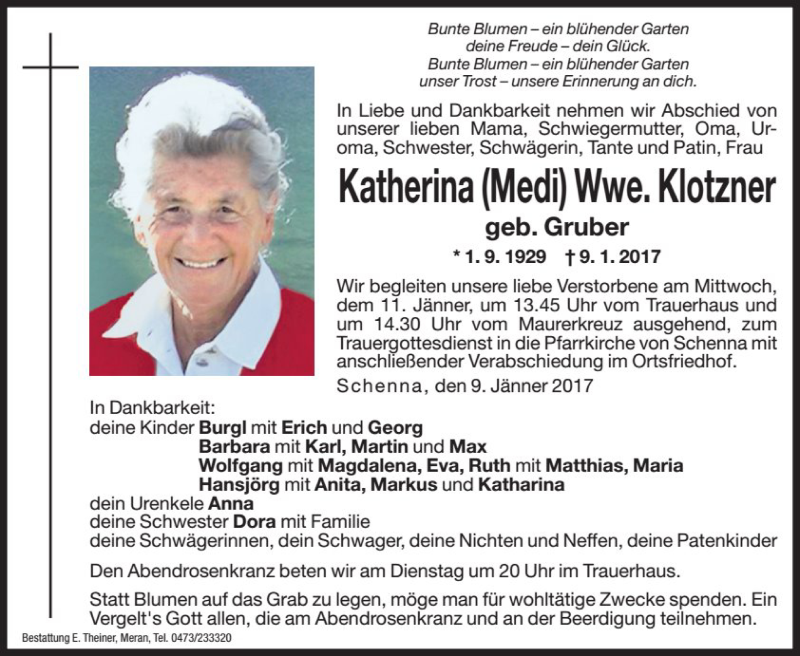  Traueranzeige für Katherina Klotzner vom 10.01.2017 aus Dolomiten