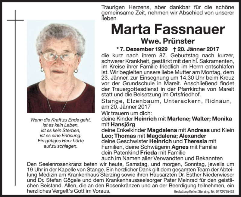  Traueranzeige für Marta Prünster vom 21.01.2017 aus Dolomiten