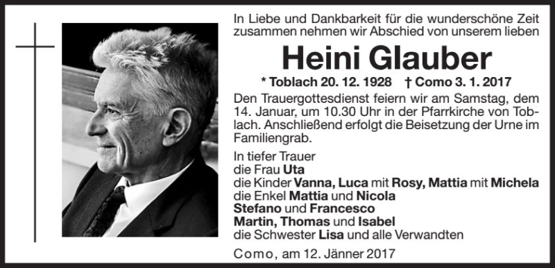  Traueranzeige für Heini Glauber vom 12.01.2017 aus Dolomiten