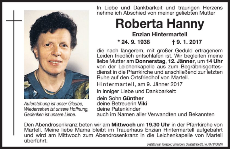  Traueranzeige für Roberta Hanny vom 11.01.2017 aus Dolomiten