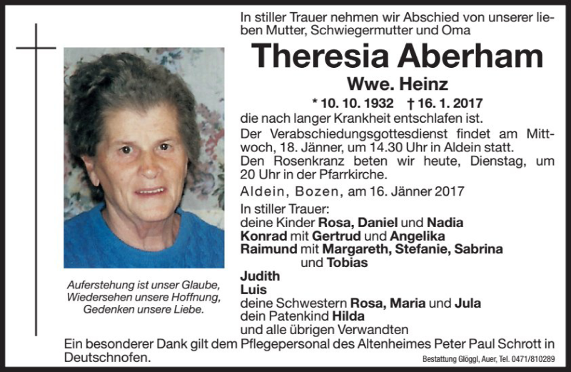  Traueranzeige für Theresia Heinz vom 17.01.2017 aus Dolomiten