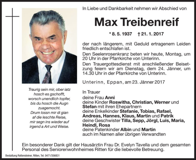  Traueranzeige für Max Treibenreif vom 23.01.2017 aus Dolomiten