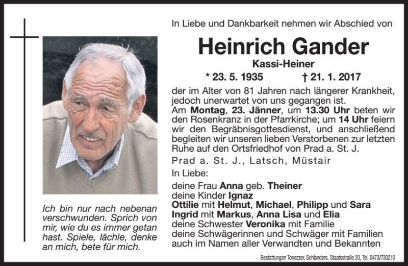  Traueranzeige für Heinrich Gander vom 23.01.2017 aus Dolomiten