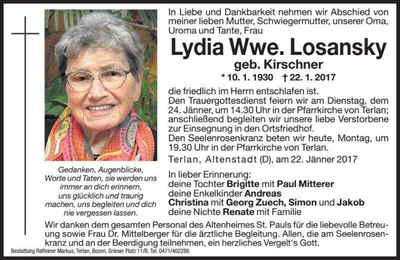  Traueranzeige für Lydia Losansky vom 23.01.2017 aus Dolomiten