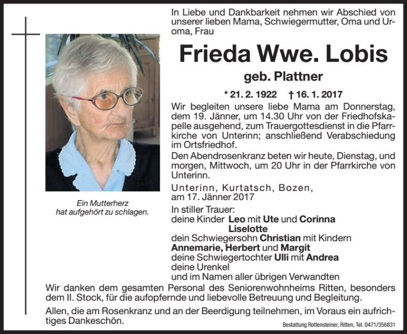  Traueranzeige für Frieda Lobis vom 17.01.2017 aus Dolomiten