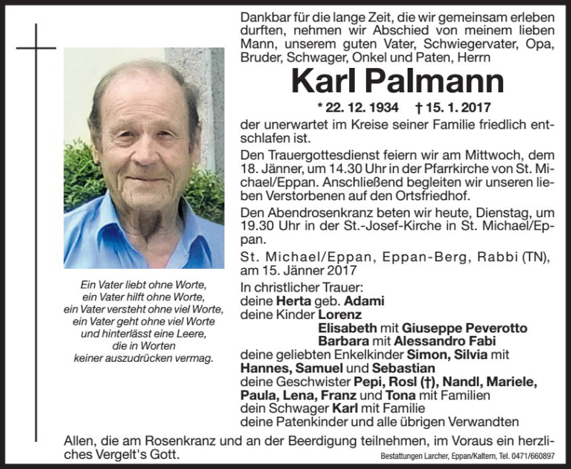  Traueranzeige für Karl Palmann vom 17.01.2017 aus Dolomiten