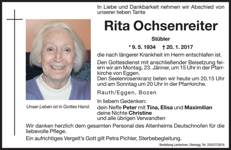  Traueranzeige für Rita Ochsenreiter vom 21.01.2017 aus Dolomiten