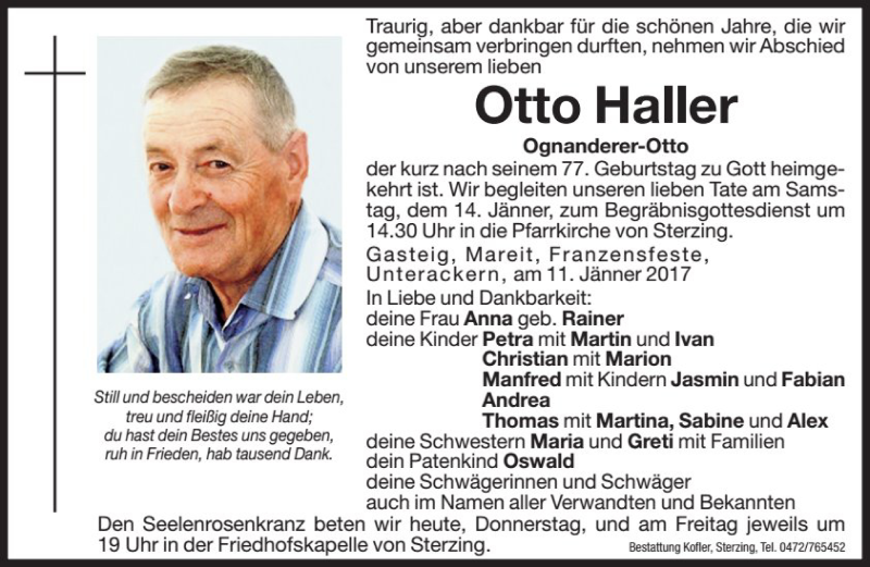  Traueranzeige für Otto Haller vom 12.01.2017 aus Dolomiten