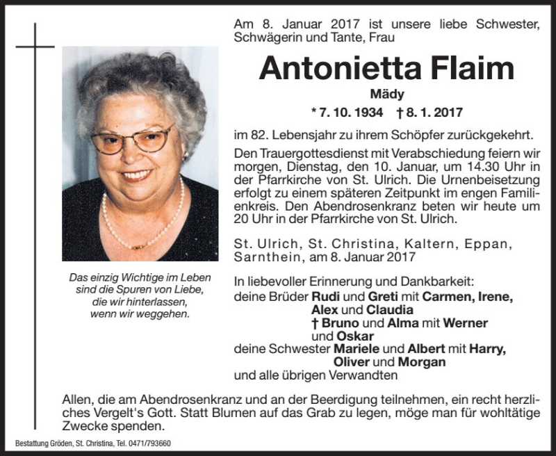  Traueranzeige für Antonietta Flaim vom 09.01.2017 aus Dolomiten