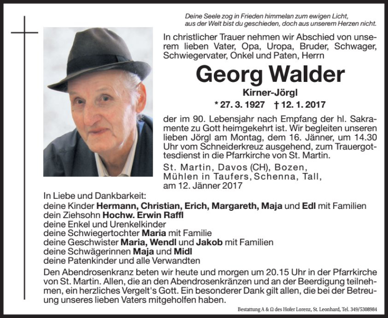  Traueranzeige für Georg Walder vom 14.01.2017 aus Dolomiten