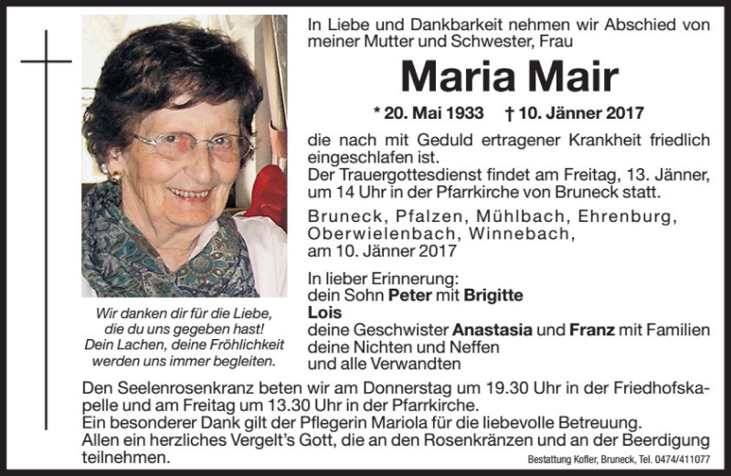  Traueranzeige für Maria Mair vom 11.01.2017 aus Dolomiten