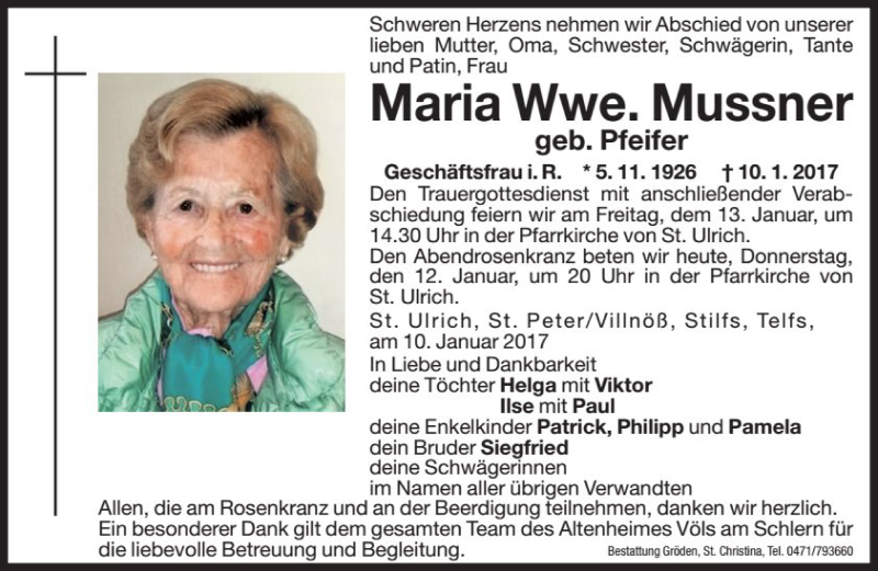  Traueranzeige für Maria Mussner vom 12.01.2017 aus Dolomiten