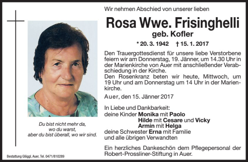  Traueranzeige für Rosa Frisinghelli vom 18.01.2017 aus Dolomiten