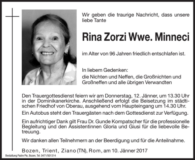  Traueranzeige für Rina Minecci vom 11.01.2017 aus Dolomiten