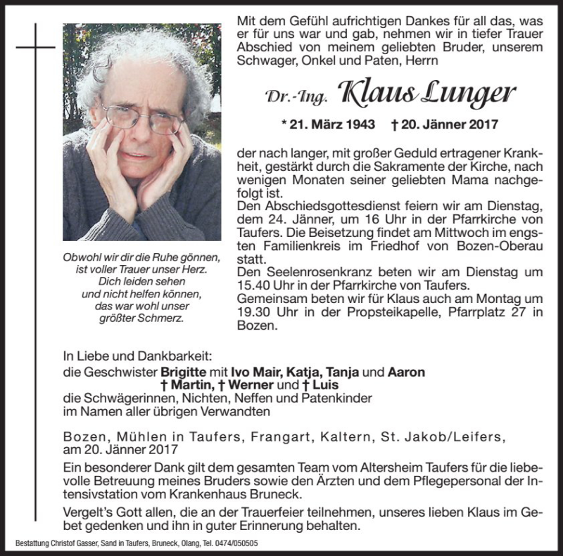  Traueranzeige für Klaus Lunger vom 23.01.2017 aus Dolomiten