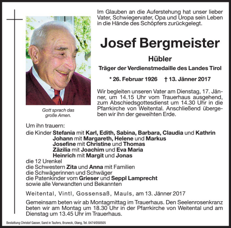  Traueranzeige für Josef Bergmeister vom 16.01.2017 aus Dolomiten