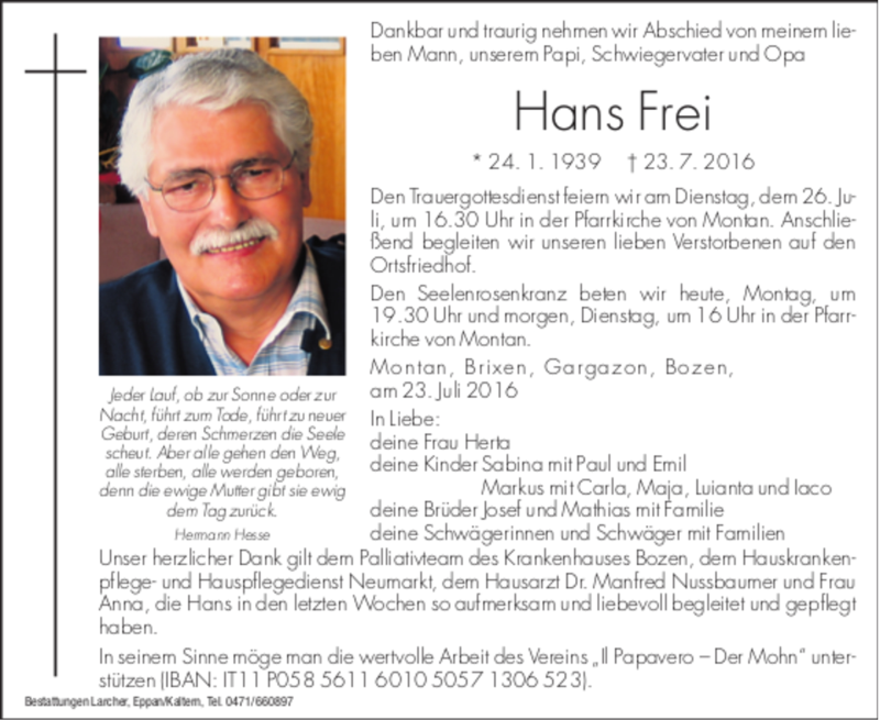  Traueranzeige für Hans Frei vom 25.07.2016 aus Dolomiten