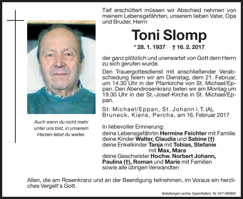 Traueranzeige für Toni Slomp vom 20.02.2017 aus Dolomiten