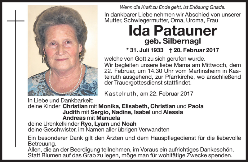  Traueranzeige für Ida Patauner vom 22.02.2017 aus Dolomiten